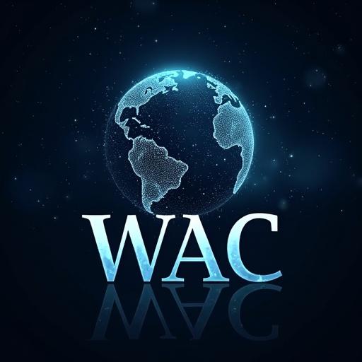 A glowing globe representing Earth is floating in a dark starry sky. Faint glowing lines or dots connect across the globe. The letters 'WAC' overlay in bold white text slightly off-center.