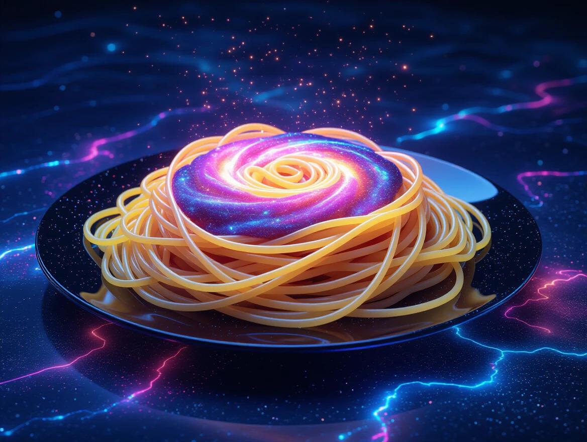 3D spaghetti dish presented on a reflective black plate. Noodles appear as glowing neon ribbons. Sauce resembles swirling galaxies. The atmosphere is infused with cosmic energy. Visual style embodies photorealistic surrealism with cinematic lighting.