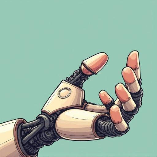 Illustration of a robot arm and hand in a cartoon style. The arm appears mechanical with joints and fingers. Soft colors are used for a playful effect. The hand is extended as if reaching for something.