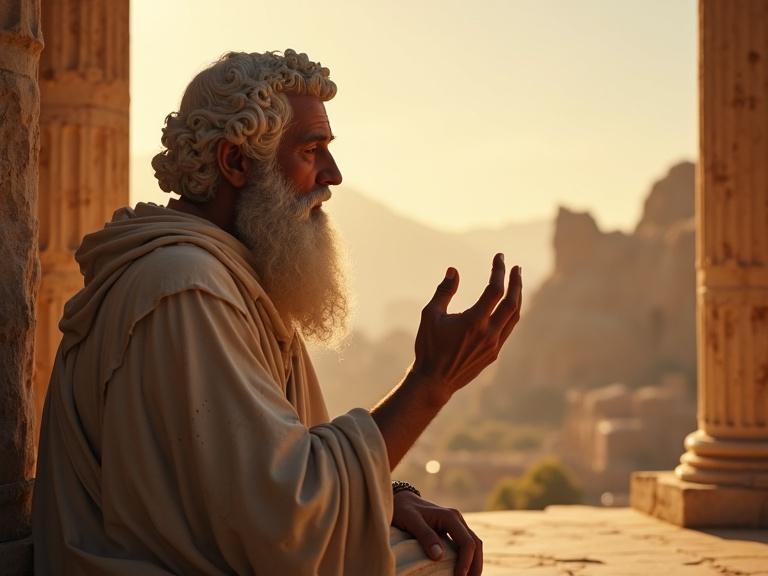 Elderly philosopher with a white beard and curly hair. Stoic expression while sitting beside classical pillars. Epic landscape in warm tones. Background shows mountains and ancient architecture.