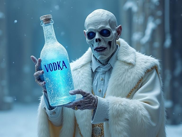 Depicts an undead emperor in a luxurious white and golden tuxedo standing in an icy castle. He holds a frozen vodka bottle labeled VODKA in bright blue letters. Snowflakes surround the bottle, adding a magical effect. Icy rings adorn his fingers. The atmosphere is otherworldly and elegant.