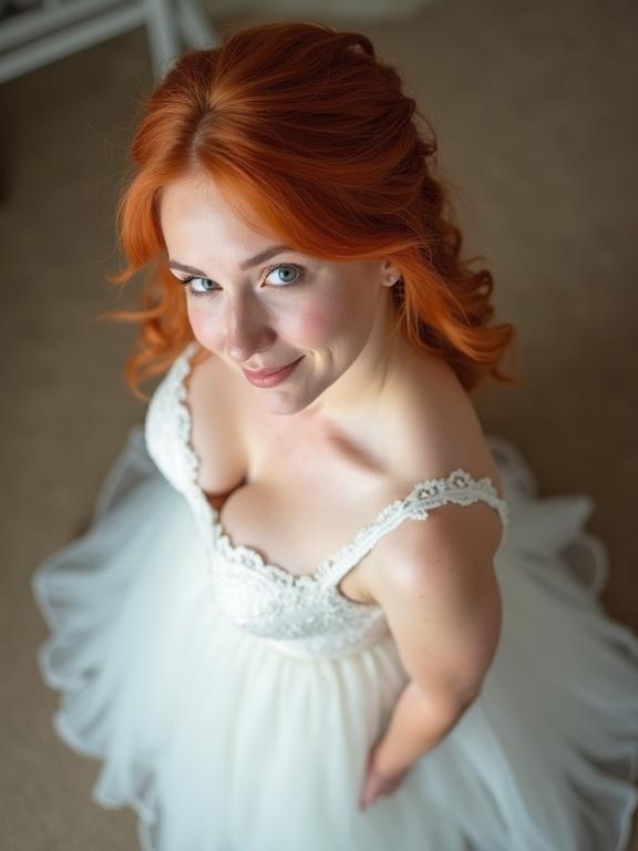 A beautiful young woman in her 20s. She has red hair and is wearing a stunning white wedding dress. Standing in a playful pose, looking at the camera with a happy smile. The image is taken from above, capturing her elegance. The background is softly blurred, focusing on the bride.