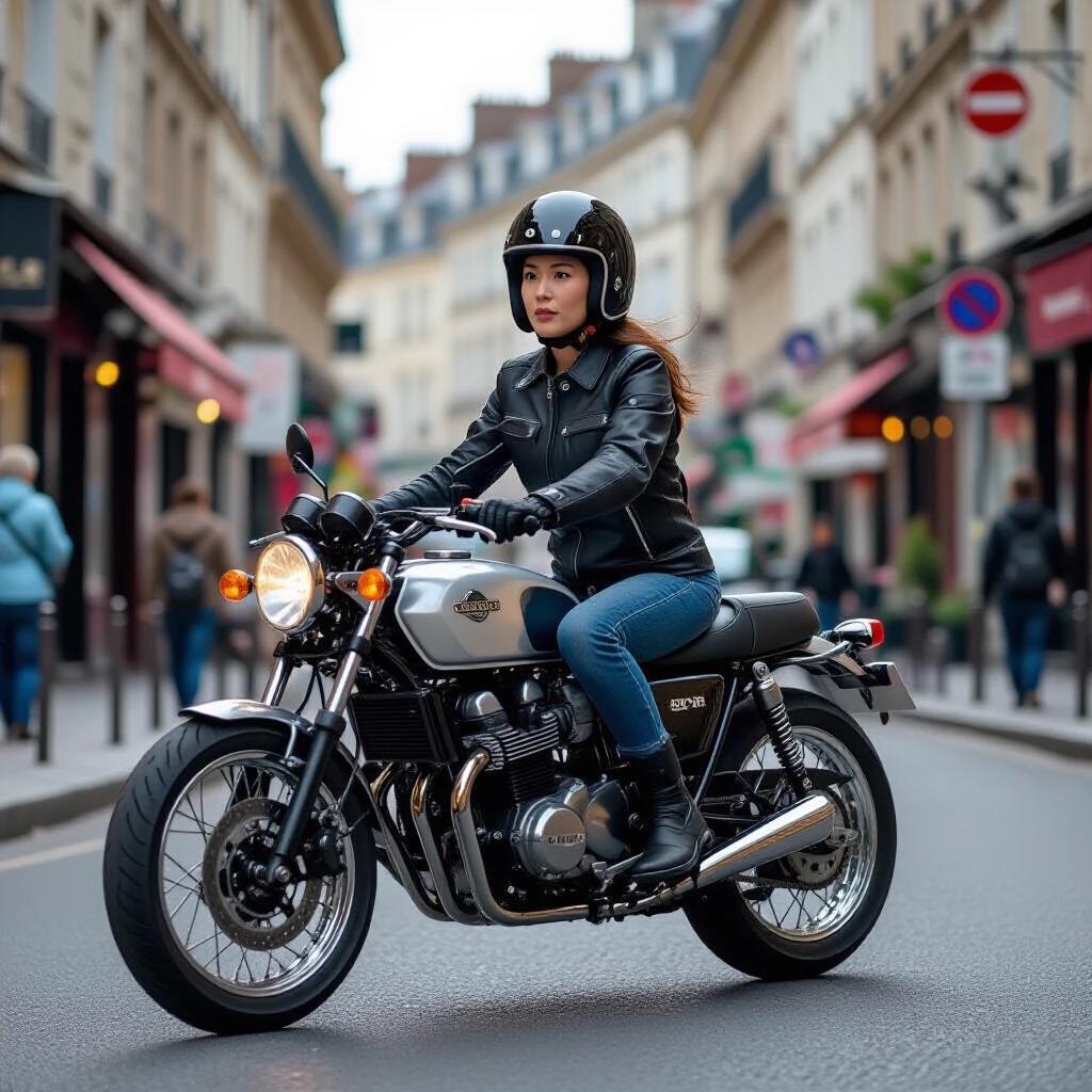 Japanese woman aged 40 rides a 1000cc motorcycle in a late Parisian street with shops and cafes