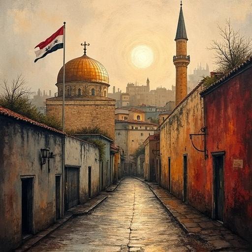 An abstract painting featuring a Syrian cityscape. It shows a mosque with a minaret a church and a narrow alleyway. The atmosphere is nostalgic with a warm colored sky.