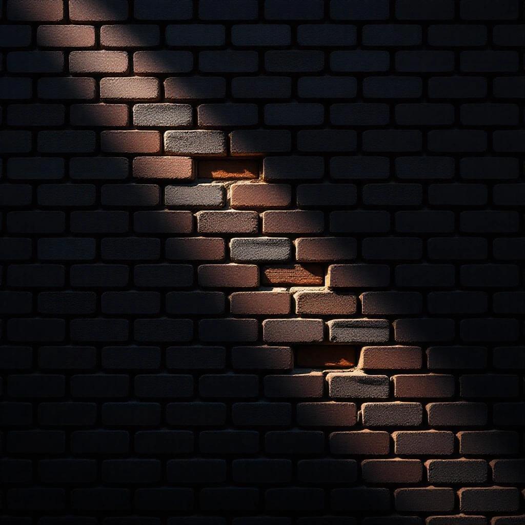 Black brick wall. Light illuminating both sides. Some bricks missing. Light shines through gaps.