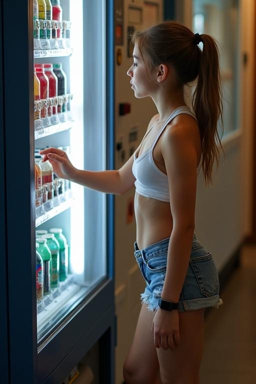 Teenage girl interacts with vending machine. Girl wears short shorts and a tank top. She is reaching for a soda. Scene conveys youthful energy.