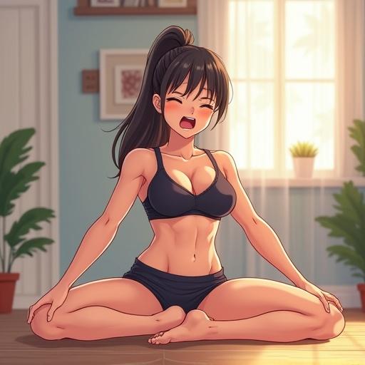 Anime character with a young woman stretching in a split position. She is wearing a push-up bra and shorts. Expression shows strain from the stretch.