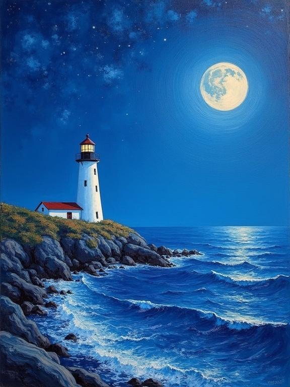 Lighthouse by the seaside. Ocean waves crashing against rocks. Full moon shining brightly. Dark blue night sky filled with stars. Expressive oil painting style. Strong colors and deep texture. Folk art elements with smooth impasto technique. Emotional atmosphere in layered brushstrokes.
