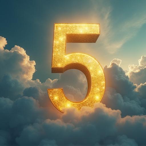 Large number 5 figure in the clouds in gold in a movie scene with a dark blue, gold and white color palette.