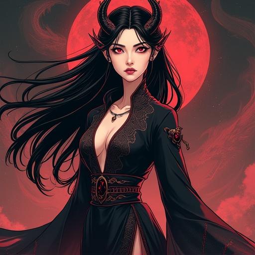 Regal female Dragon Demon with long black hair. Pale skin and deep red eyes with slit pupils. Elegant black curved horns and pointed ears. Crimson Dragon Demon stone on left hand. Dressed in dark robes with dragon scale patterns. Expression shows noble pride and hidden sorrow. Background of black and crimson mist.