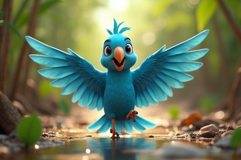 Hyper-realistic scene of a blue parrot in a forest setting. Parrot has bright blue feathers and big expressive eyes. It stands upright and smiles while flying towards the camera. The background features realistic mangroves and calm reflective water. Bright daylight enhances the colors.
