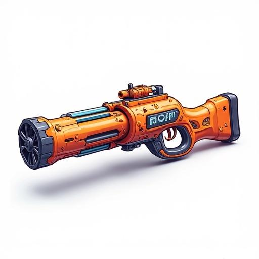 Illustrate a Minigun in a vibrant 3D cartoon style. Emphasize multiple rotating barrels and sleek design. Use bright colors with a glossy finish. Show barrels in motion with sparkles and motion lines. Oversized grip and feed mechanism. Add whimsical stickers for personality. Use a white background for focus. Create a playful depiction appealing to all ages.