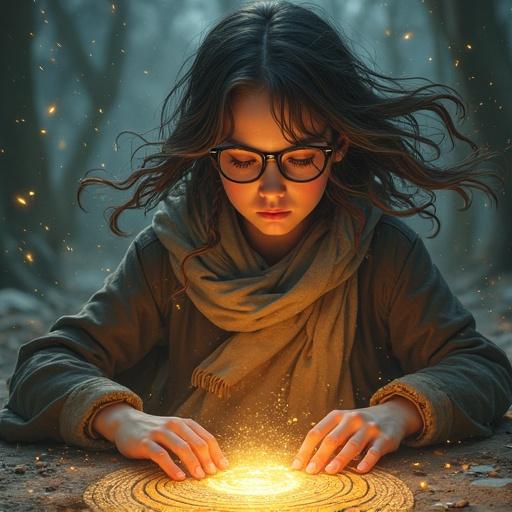 A girl holds power in her hands glowing with magic. Runes float in the air. Light swirls around her. Her serious expression reflects focus. A ritual circle glows on the ground. Mystic elements enhance realism. Hair and clothes move with the wind. Dramatic setting creates a cinematic atmosphere.