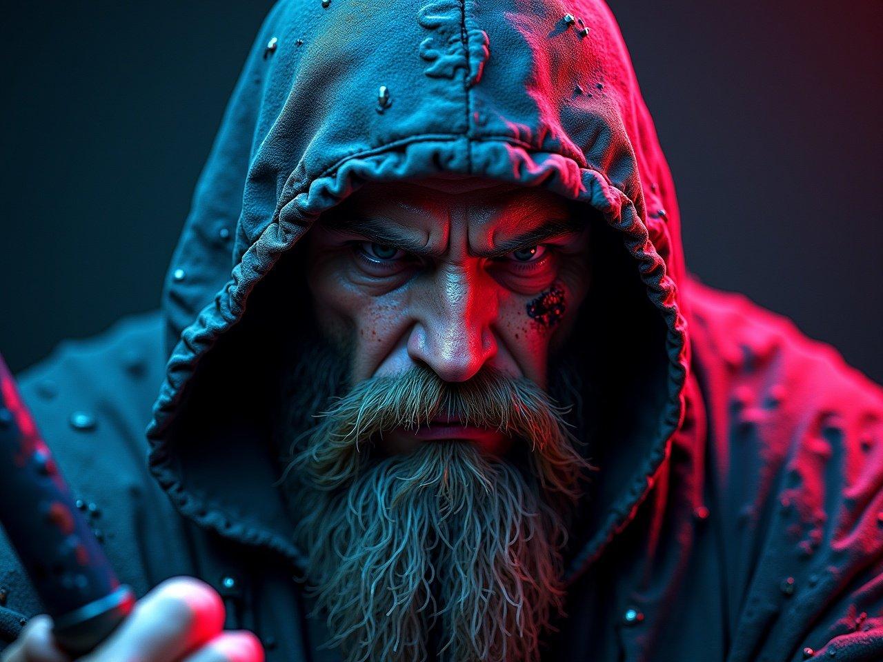 This image features a battle-worn warrior with a long, majestic beard and intense gaze. He wears a tattered hood and shows signs of past battles with dirt and blood on his face. His grip tightens around a sword, suggesting readiness for combat. The background is dark, enhancing the warrior's fierce expression. Apply a synthwave aesthetic with high contrast blues and pinks, emphasizing the boldness of the colors while maintaining the warrior's rugged detail. The overall mood should evoke a mix of strength and nostalgia, typical of synthwave themes.