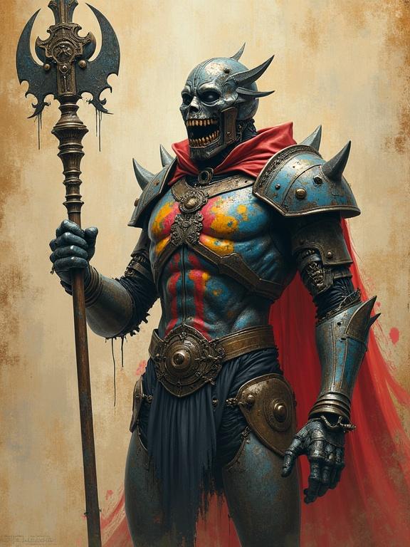 Portrait of a metal construct covered in colorful graffiti. Holds a two-handed scepter. Face resembles a mask of a screaming man. Background fades into worn parchment paper. Digital art inspired by Antonio J. Manzanedo. Semi-realistic style with an epic fantasy theme.