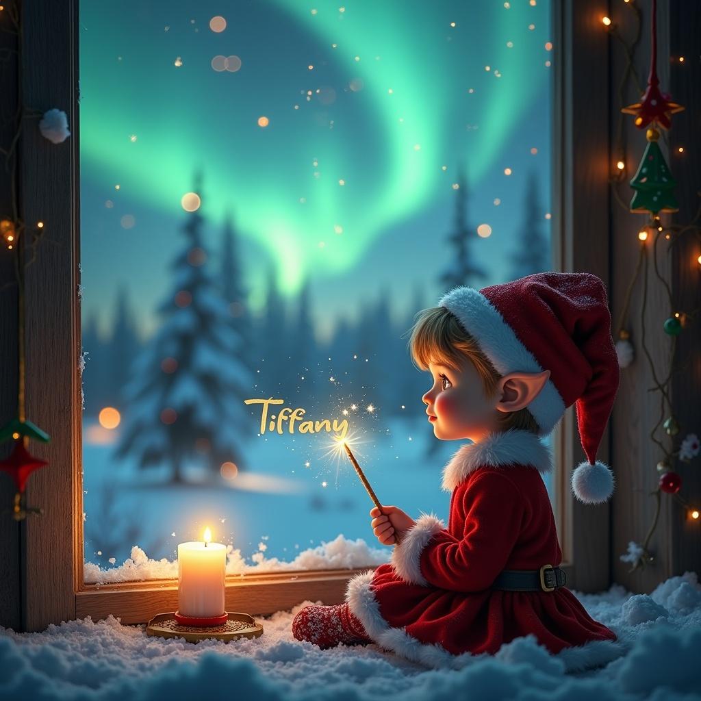 This enchanting image features a young elf character sitting by a cozy window during Christmas. The elf, dressed in a festive outfit, faces the breathtaking northern lights outside. Using a wand, the elf joyfully writes 'Tiffany' in the sky, adding a magical touch to the scene. The background showcases a peaceful winter wonderland with snow-covered trees. The overall ambiance is glowing and filled with holiday cheer, capturing the essence of childhood wonder during the festive season.