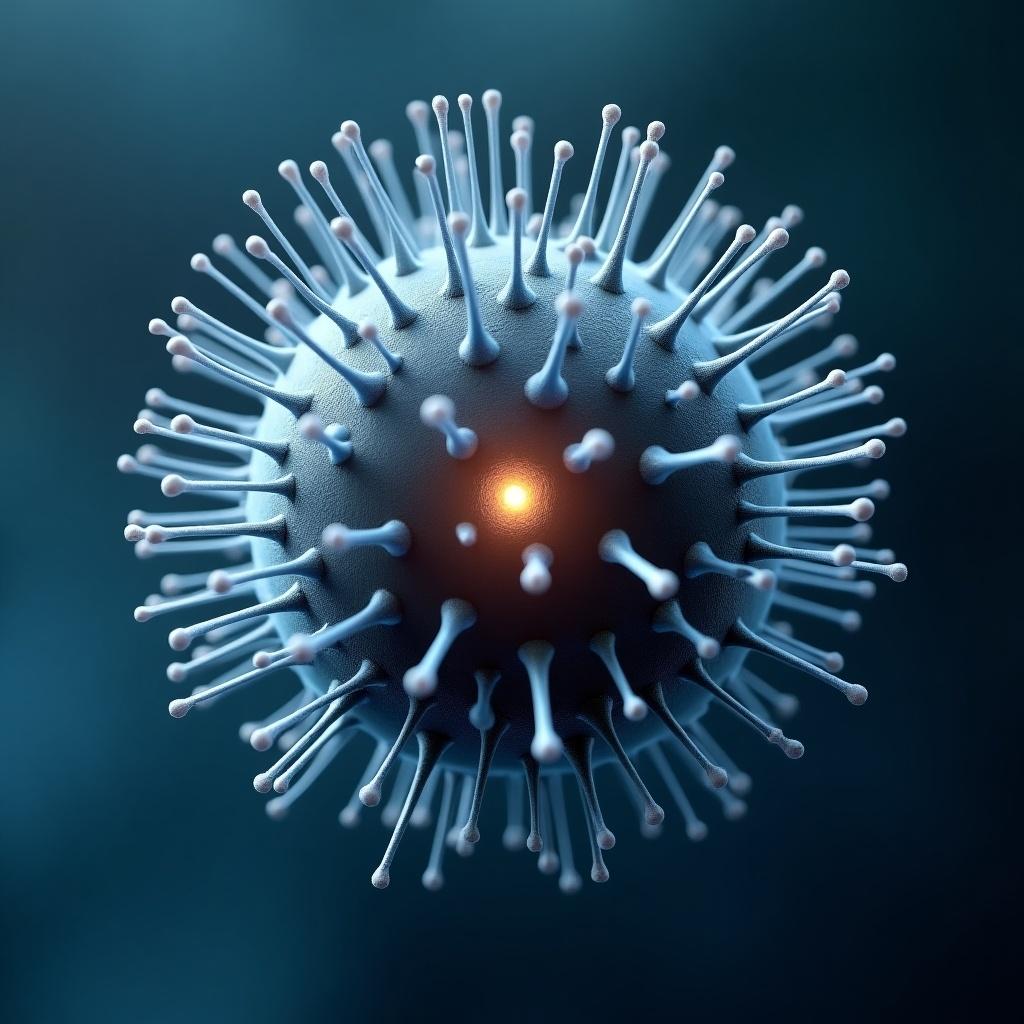 Close-up view of a spherical microchip-like object. Small glowing dot in the center. Numerous delicate spikes extending outward. Background features blue and gray gradient. Composition emphasizes scientific exploration and evolution themes. Suitable for discussion on microbial evolution.