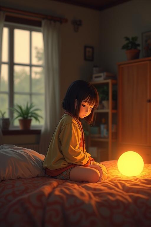 Animated girl sitting in a cozy bedroom. Warm ambient light filters through the window. A glowing yellow orb flickers nearby. A sense of nostalgia and comfort is conveyed.