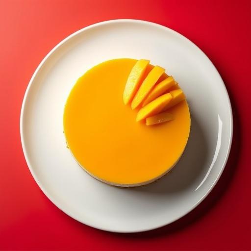 Top view of a mango cheesecake with liquid pulp topping on a white plate over a red background. Slices of mango arranged on top.