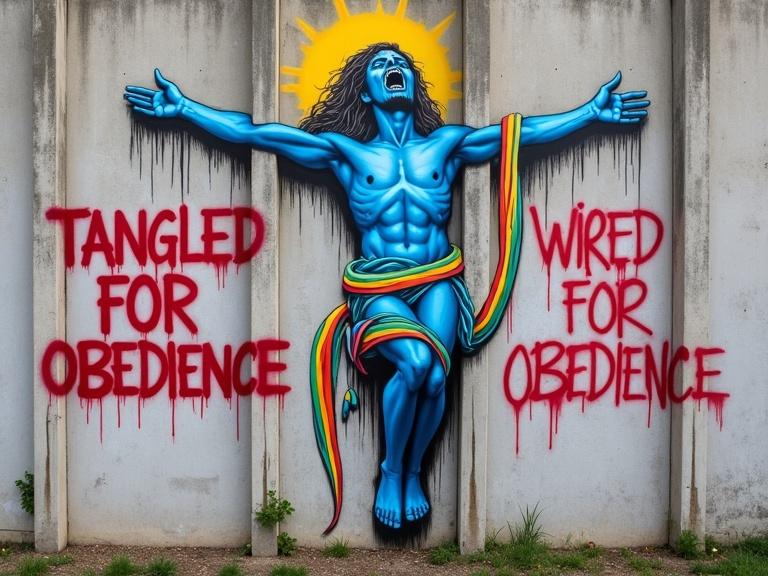 A vibrant graffiti mural on a weathered concrete wall. The mural features a blue human figure in a crucifixion pose. Colorful cables wrap around its limbs. The figure shows anguish with its head tilted back and mouth open. Besides the figure, two phrases in red spray paint read 'TANGLED IN LIES' and 'WIRED FOR OBEDIENCE.' A glitch effect forms a halo above the figure. The style is bold and expressive with high contrast.