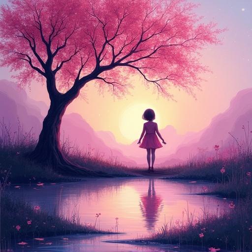 A little girl in a pink dress stands by a tranquil pond. A large isolated pink tree is nearby. The scene is filled with vibrant purple and gold hues during sunset. Soft reflections in the water enhance the dreamlike quality. The background features gentle mountains and lush grass.