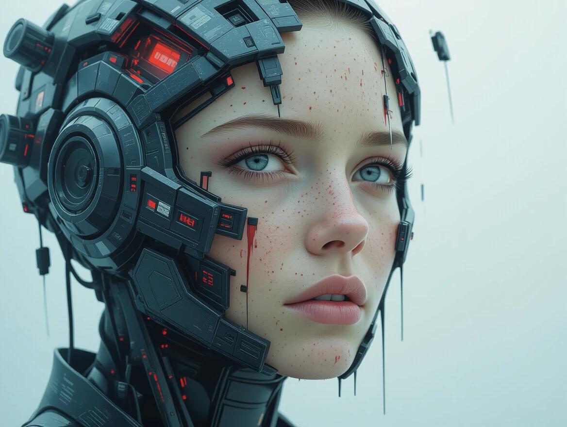 Futuristic humanoid with intricate technology. An embodiment of illusion. Themes of the impossible and intangible intertwined. Represents deep emotional scars. A blend of cinematic styles showcasing dystopian visions. Abstract elements emphasize a surreal essence.
