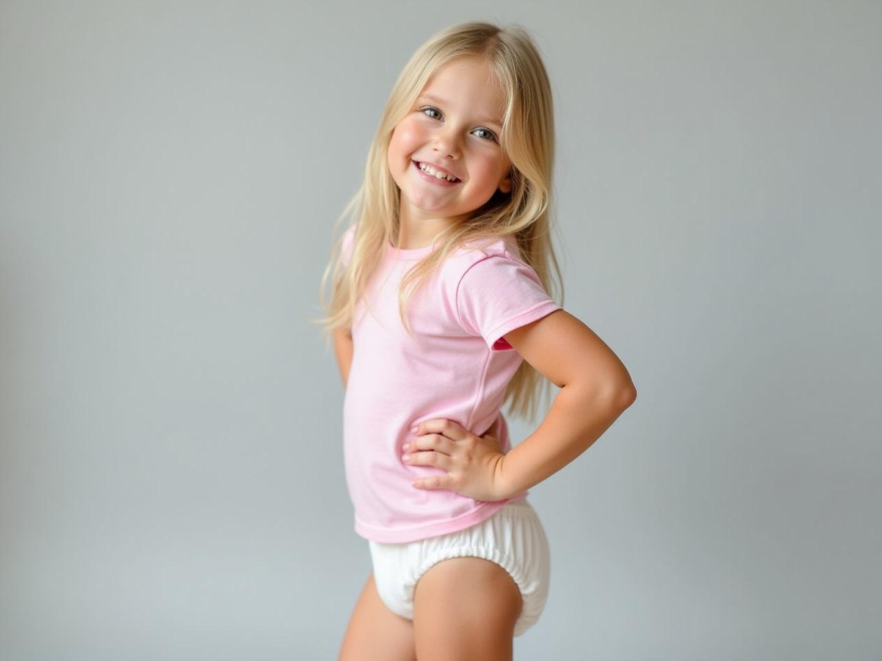 This image features a young girl with long blonde hair, showcasing a playful pose. She is dressed in a fitted pink t-shirt paired with a white diaper, emphasizing comfort. The background is a soft gray, which highlights her youthful innocence. Her relaxed stance, with one hand on her hip, exudes a sense of confidence. The soft lighting creates an inviting atmosphere that enhances the playful nature of the scene.