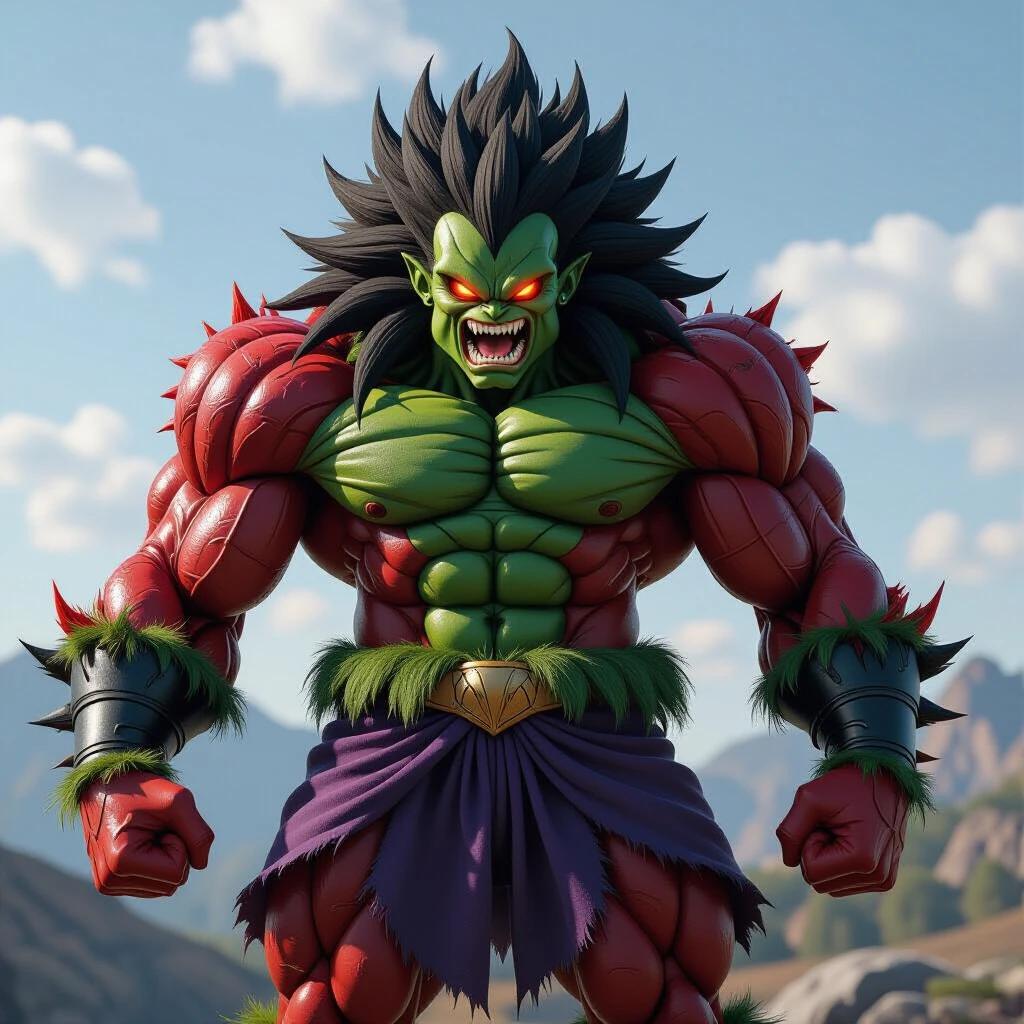 A hyper-detailed digital painting of a powerful, monstrous figure. Fusion of Broly, Venom, and Super Saiyan 4. Massive muscular build covered in organic looking red fur. Spikey black hair reaching back with a subtle green shimmer. Intense red eyes without pupils, large mouth with sharp teeth, long red prehensile tongue. Stylized white spider symbol on chest. Slightly curved, powerful stance. Subtle black tentacle-like patterns on red fur. Broken golden bands on arms. Overall atmosphere is threatening, powerful, dark, and alien. Cinematic lighting with dramatic shadows.