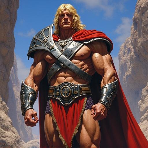 He-Man depicted in a fantasy setting. Muscular superhero with long hair and armor. He stands confidently against a backdrop of rocky canyons. Vibrant colors showcase a heroic theme.