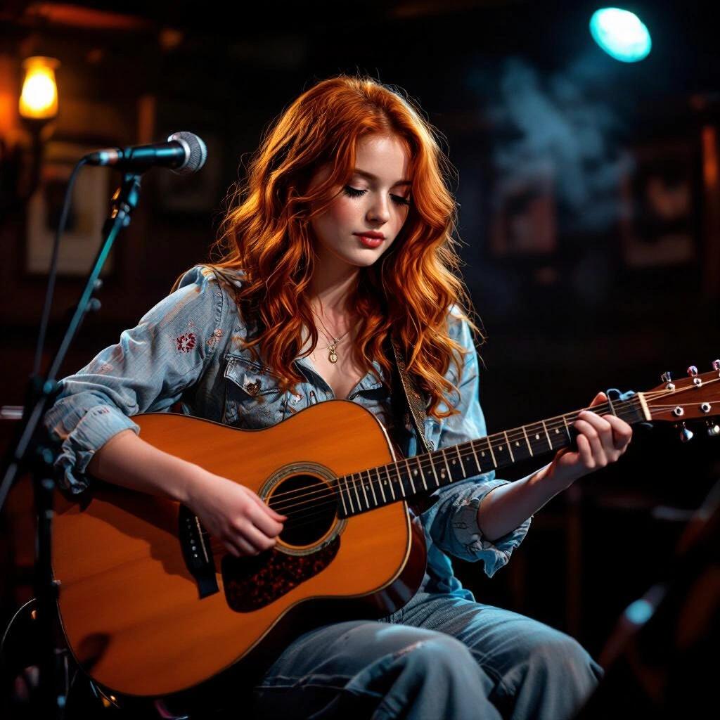 A red haired Irish girl plays guitar on a smoky pub stage. The scene is dark and atmospheric. Raw photo capturing a live performance mood.