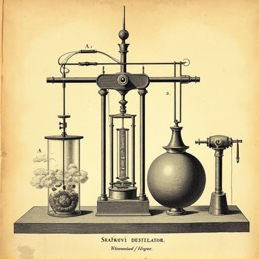 A historical scientific illustration titled 'Sračkový destilátor'. It shows a distillation apparatus from the 18th century. The drawing is in black ink with fine hatching on yellowish paper. It features a horizontal beam with vertical supports and various components. A spherical vessel labeled 'A' is on the right. On the far right is a cylindrical instrument with a T-shaped handle. A glass vessel labeled 'Fig. 2' shows a rod and ring. There is a cloud-like formation near point 'B'. The illustration highlights construction and function with precise linework typical of the period.