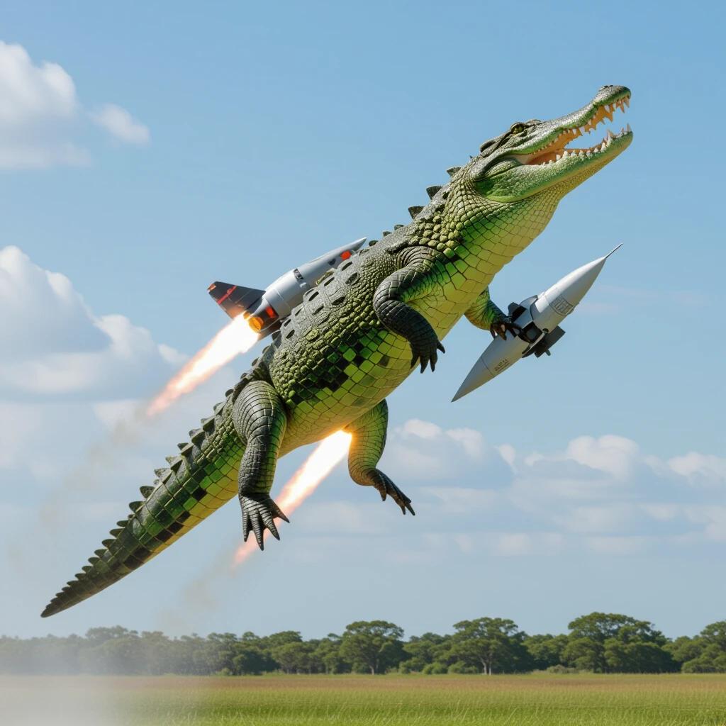 Crocodile transforms into jet-powered creature in the sky. Realistic scales and powerful jets create action. Bright blue sky adds to the emphasis.