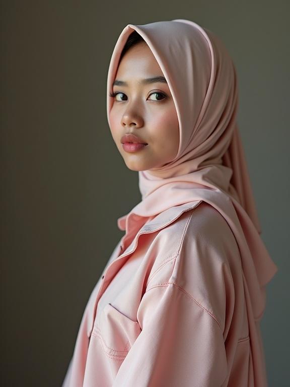 Portrait of a young woman in a hijab. Soft pink attire. Neutral background enhances appearance. Emphasis on facial features and expression.