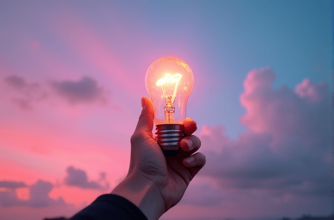 A hand holds a glowing light bulb against a vibrant pink and blue sunset sky.