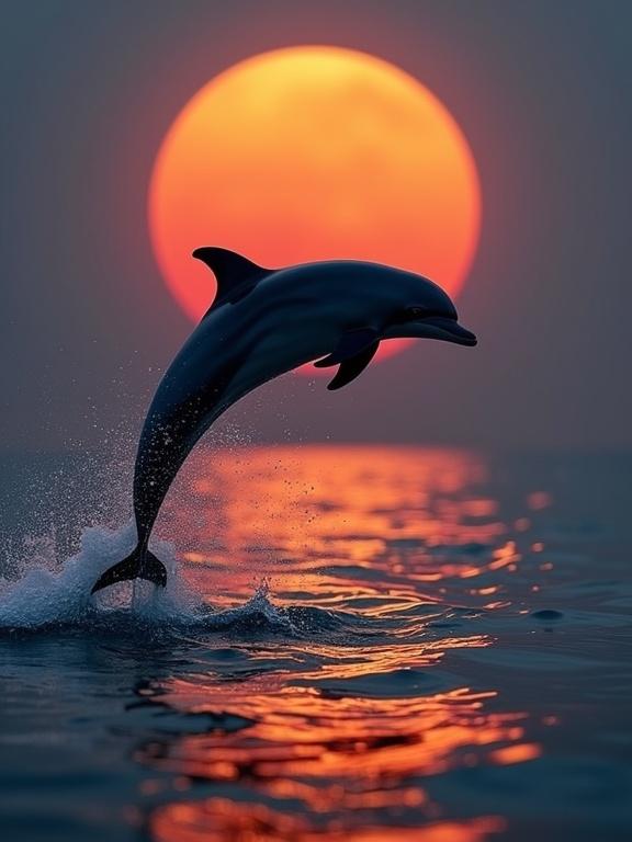 Dramatic moment at sea featuring a dolphin mid-leap against a backdrop of a solar eclipse or setting sun. The composition combines motion, reflection, and celestial beauty. Dolphin is dark gray, streamlined body in a graceful arc. Celestial object shows fiery orange-red ring. Ocean is deep blue with shimmering highlights. Sky has a gradient from dark slate blue to deep gray. Overall mood is surreal and harmonious, evoking wonder and connection to nature.