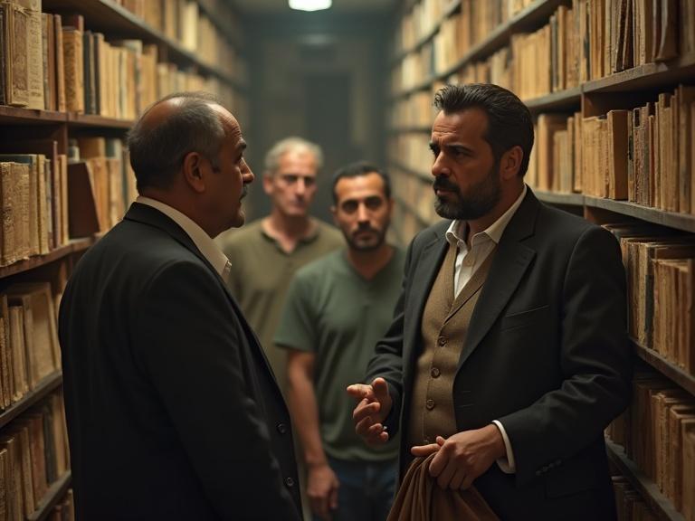 Scene captures the essence of a bookstore filled with shelves of old books. Yasser confronts a disapproving bookseller about a missing book. Tension builds as Yasser's frustration is evident, his grip on a bag revealing anxiety. A customer observes intently from the background.