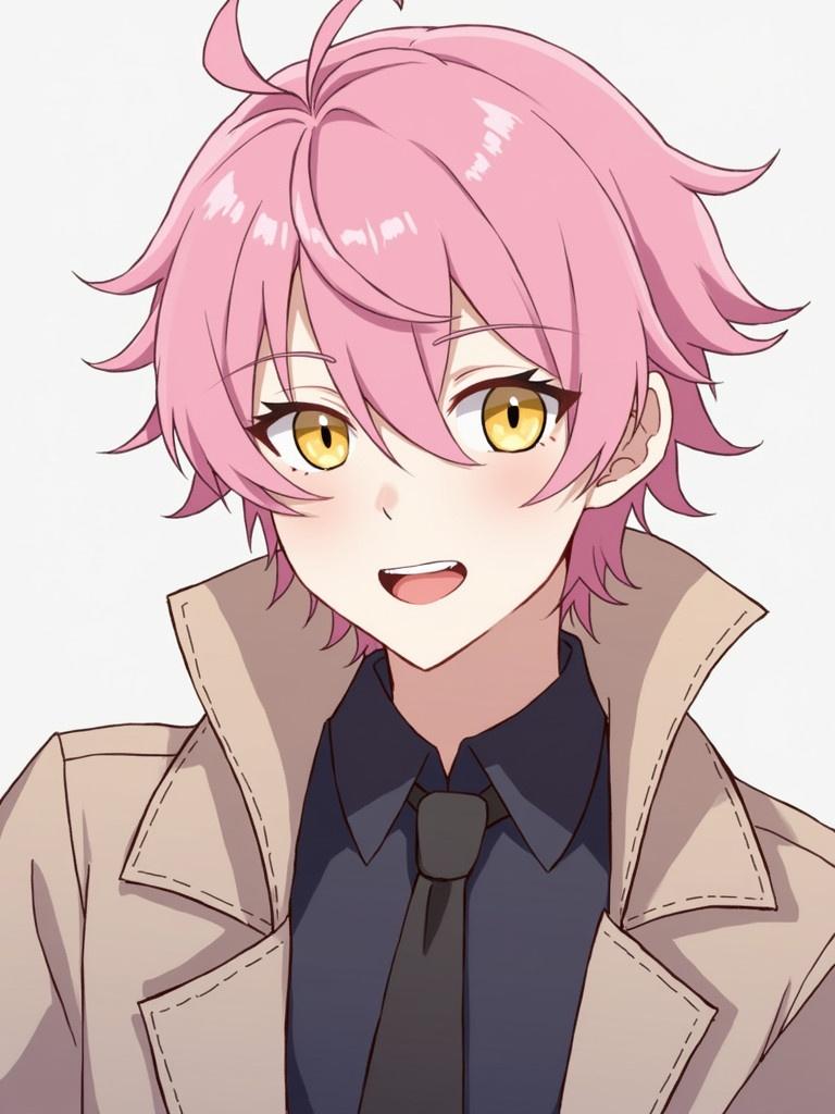 Anime character with pink hair wearing a dress jacket and tie. Male, smiling, eye color is yellow. Front-facing image.