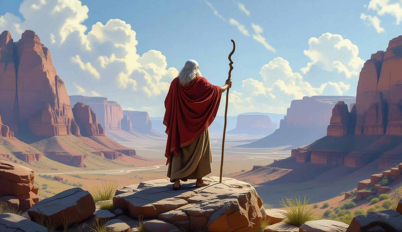 Moses stands on a rocky outcrop. He holds a staff in one hand. The backdrop is a vast canyon with towering rock formations. The sky is bright with clouds. The scene evokes a sense of leadership and spirituality.