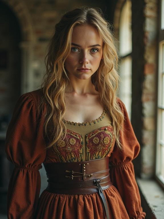 Color photo of a woman wearing a historical costume with an intricate design. Natural light enhances her features. Soft background highlights the costume details.