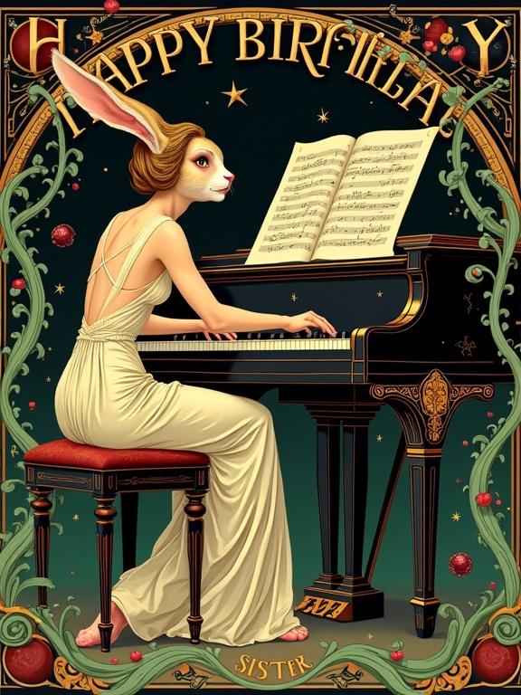 Art Nouveau poster features a graceful female figure combined with a rabbit. She is seated at an ornate art-deco piano. Swirling vines of sheet music and scientific formulas frame the text 'Happy Birthday, Sister!' in elegant gilded lettering. The piece showcases rich jewel tones and flowing lines.