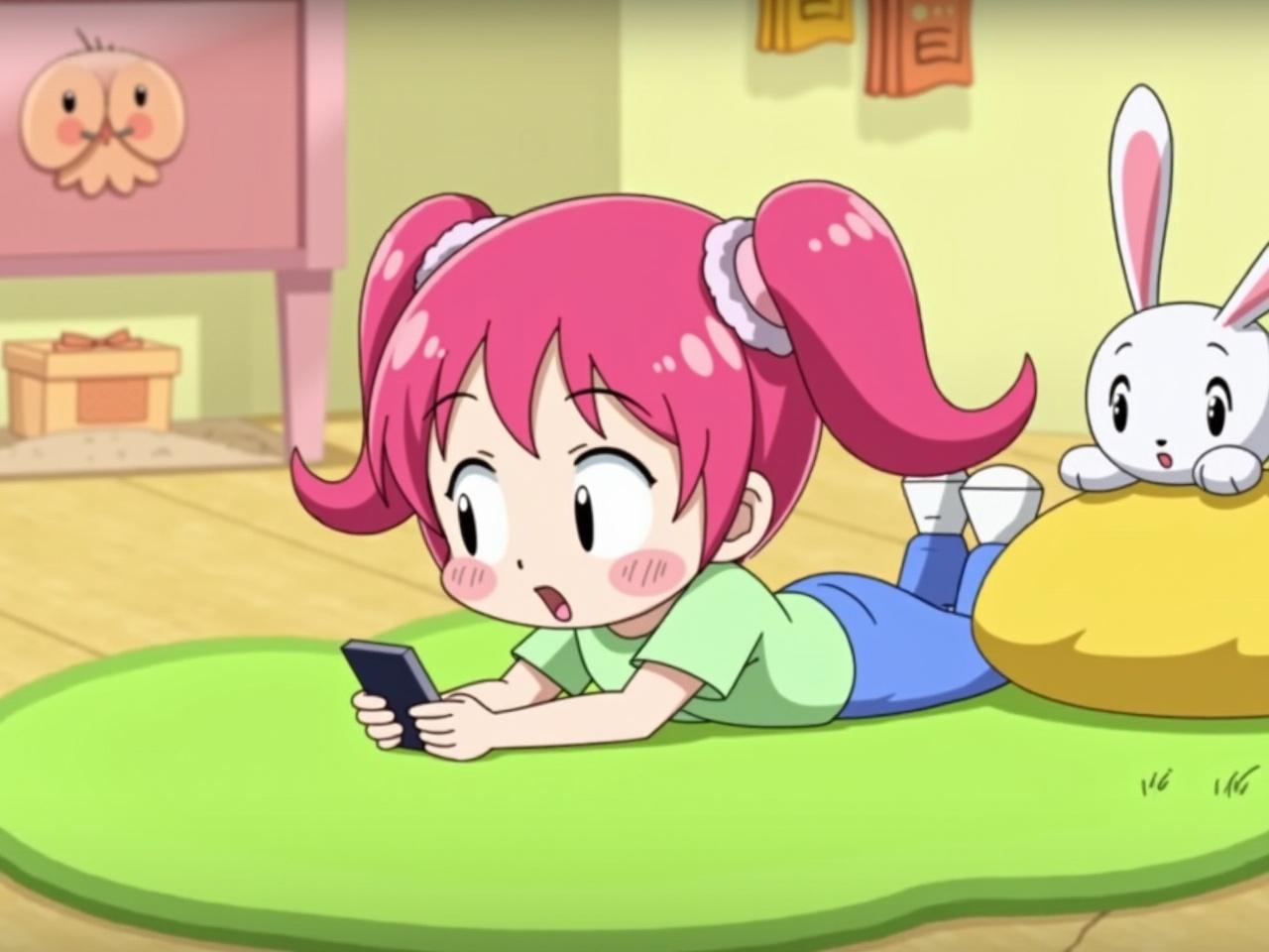 This is an animated scene featuring a cartoon girl who is lying on a vibrant green carpet. She has bright pink hair styled in two playful pigtails. The girl is wearing a cute green top and blue pants, and she is using a smartphone with a focused expression. Nearby, there is a yellow pillow with a floppy-eared bunny plush toy sitting against it. The background includes soft, colorful walls and cheerful decor, creating a cozy and playful atmosphere.