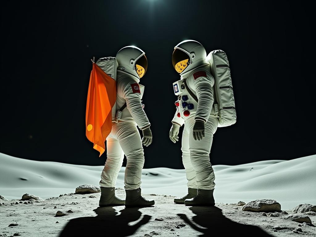 Two astronauts on the moon standing face to face. They wear space suits with orange and white accents. The surroundings are lunar and dark. Focus on their interaction and the lunar surface.