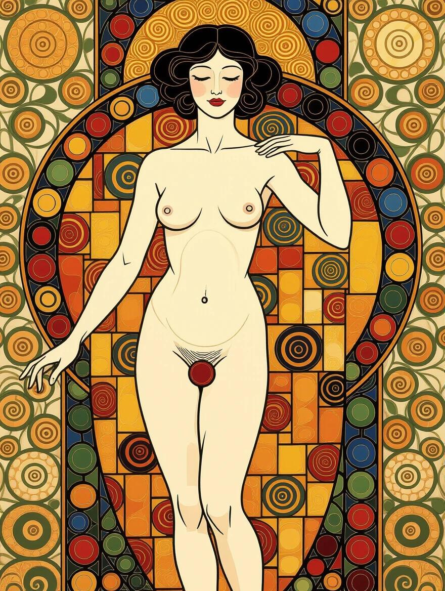 Illustration of a nude woman surrounded by geometric patterns and vibrant colors in an art deco style.