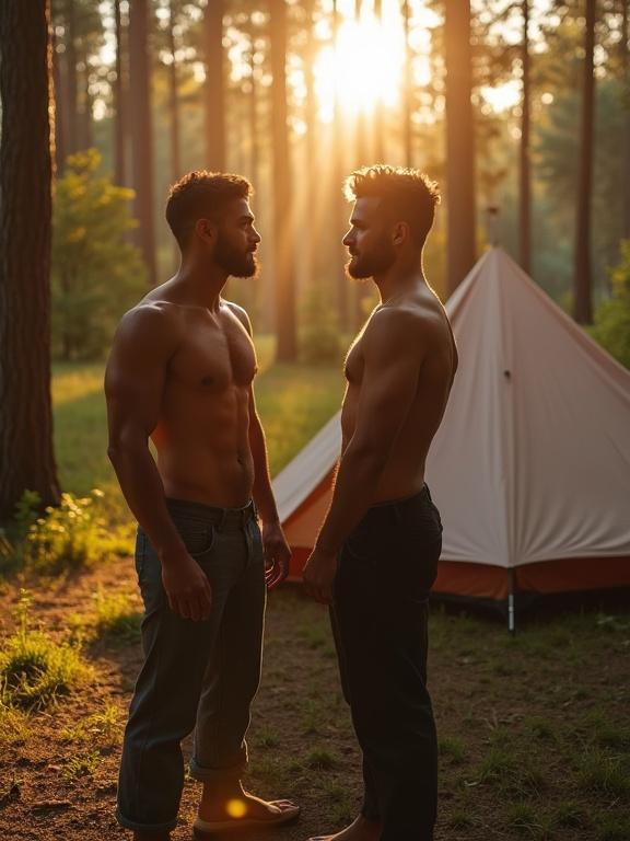 Two shirtless handsome men stand in a sunlit forest outside a tent. They are in love. The lighting is warm and soft, enhancing the romantic atmosphere.