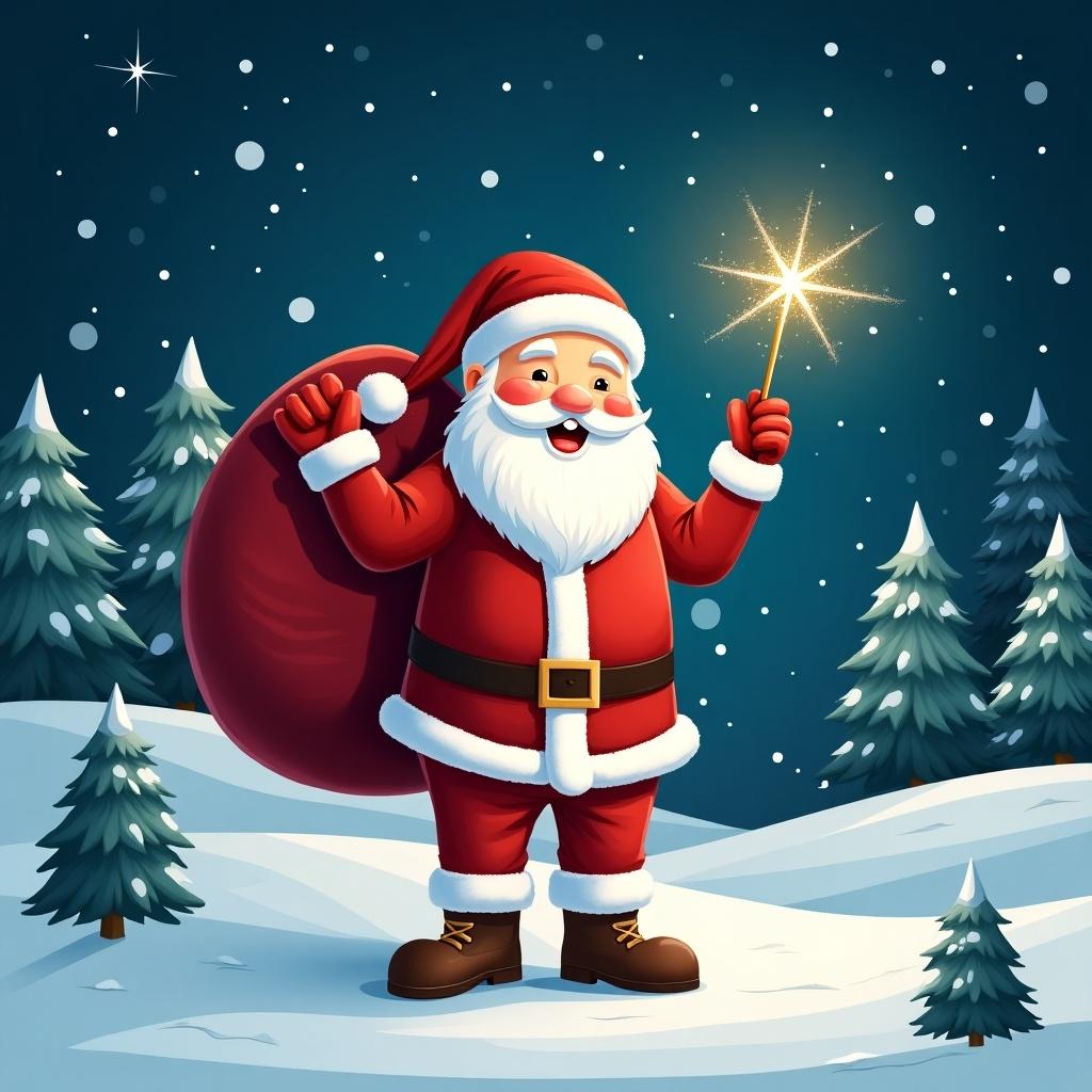 The image features a cheerful Santa Claus standing in a snowy landscape. He has a large red sack slung over his shoulder and is holding a sparkly wand. Santa is dressed in his traditional red and white outfit, complete with a belt and boots. Behind him, the night sky is illuminated with twinkling stars. Pine trees dot the snowy ground, encapsulating a festive winter atmosphere. Santa is writing 'Eleri' in the night sky.