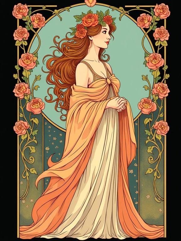 Stylized Art Nouveau female figure shown waist up with decorative vines. Hands hidden beneath embroidered shawl. Long hair adorned with roses and ivy. Gaze is gentle and dreamy. Dress and shawl feature ornate folds. Background includes ornamental curves and flowers. Symmetrical composition on black background.