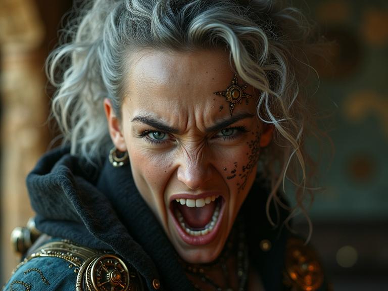Close-up portrait of a unique character with intense face. Character blends historical elements with ornate Renaissance-style jacket and glowing circuitry. Piercing eyes, one natural and one cybernetic with holographic displays. Scar across cheek and tribal tattoos glowing. Hair with silver-streaked curls and fiber-optic strands. Dimly lit background with bokeh of maps and schematics. Dramatic lighting emphasizes facial contours. Screaming angrily.
