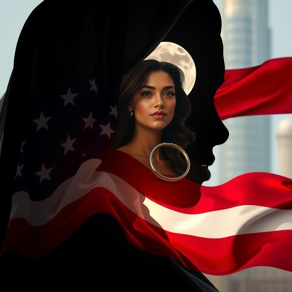 A woman draped in a flowing flag, framed by silhouette and moonlit background.