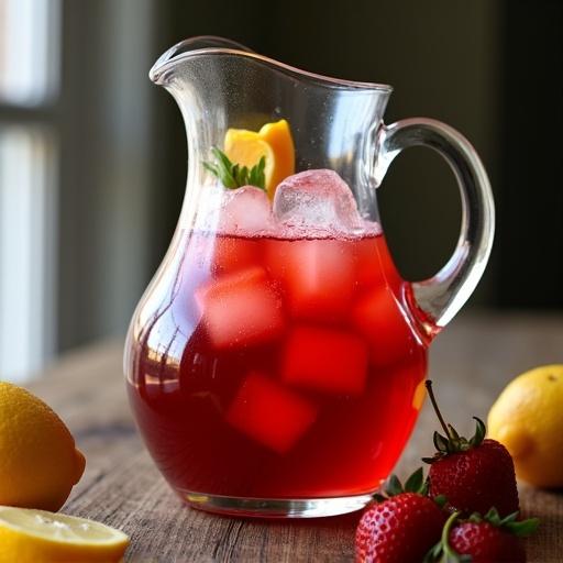 A carafe filled with sangria ice cubes and fruit slices placed on a wooden table with lemons and strawberries around it.