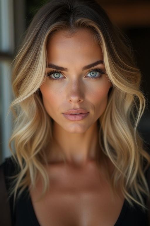 Close-up portrait of a woman with piercing blue eyes and dark blonde hair. Gaze is confident and mysterious. Subtle smirk on lips. Radiates control and cool energy.